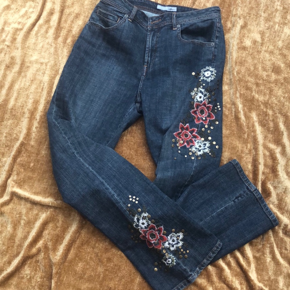 Chico's Blue Boot Cut Jeans with Floral Embroidery